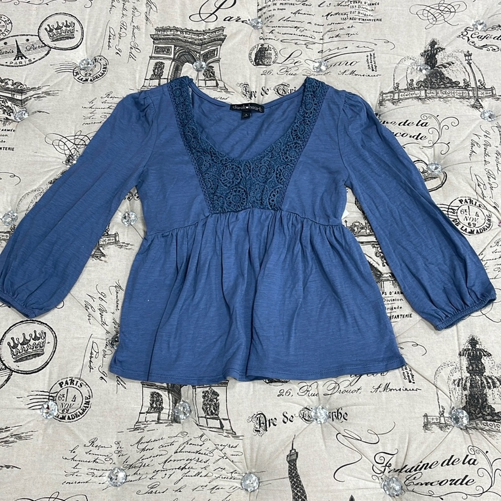 Derek Heart Knit Lace Trim Long Sleeve Peasant Top